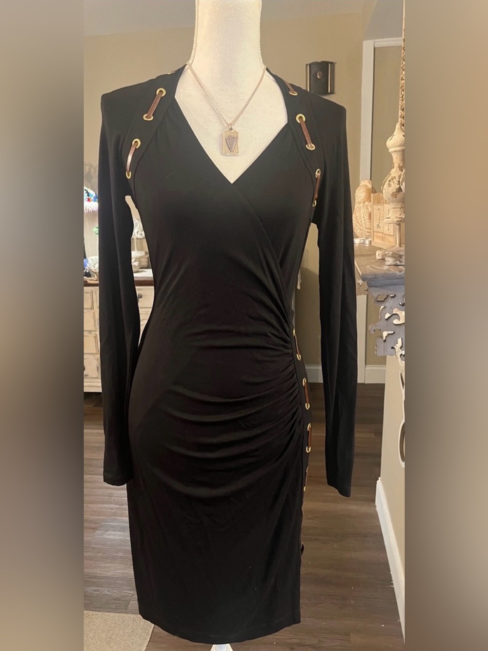 Cache Black Long Sleeve Dress with Gold Grommet Accents